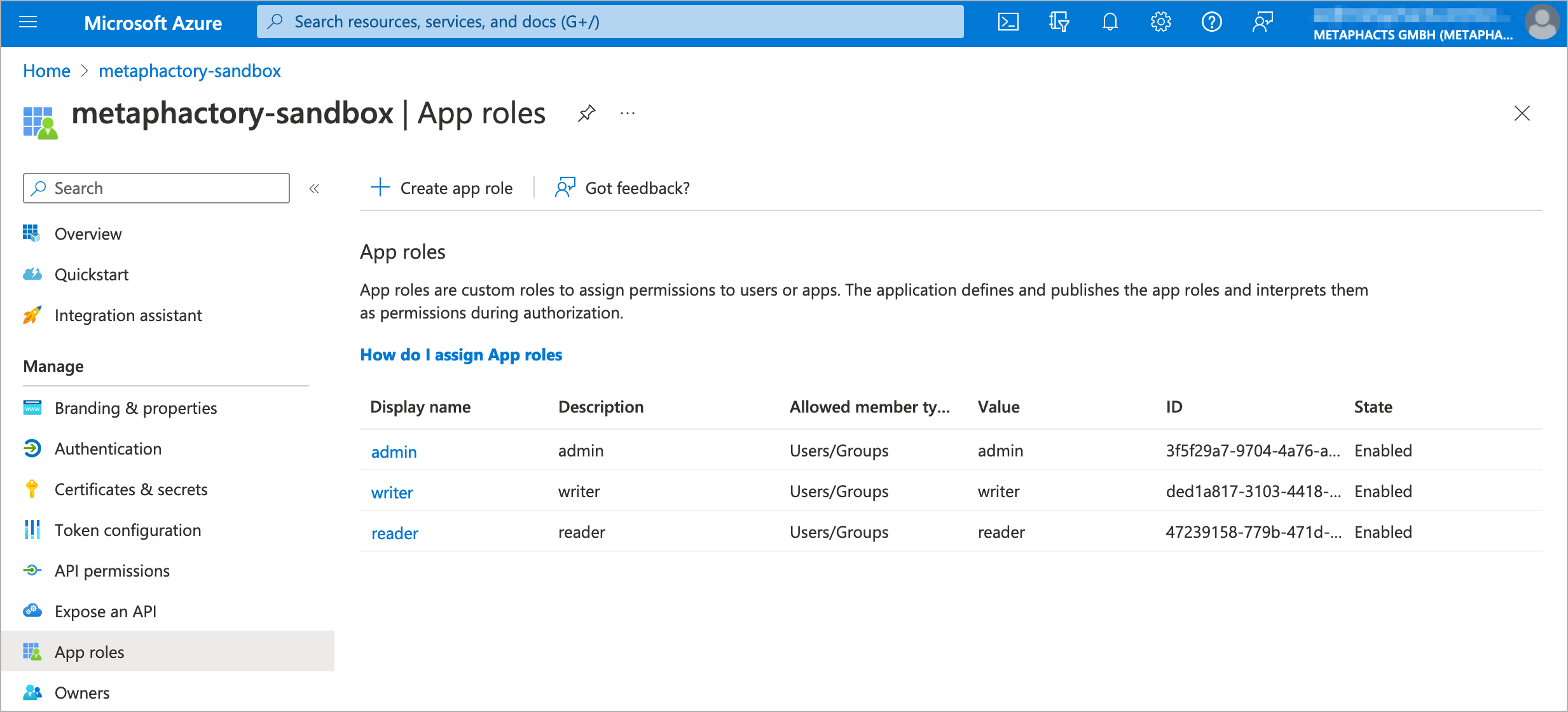 App roles overview for metaphactory-sandbox on Microsoft Azure