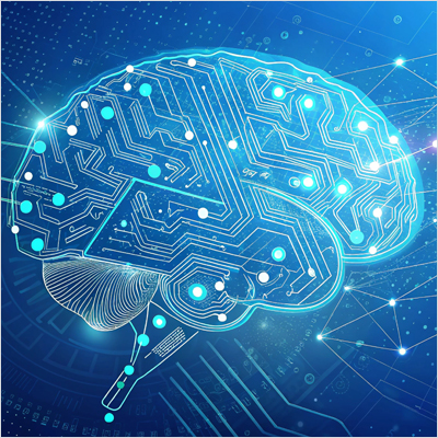 A glowing, blue, digital brain with a circuit board pattern on its surface. The image represents the concept of neuro-symbolic AI, which combines neural networks (like LLMs) and symbolic technology (knowledge graphs) to create a more intelligent system.