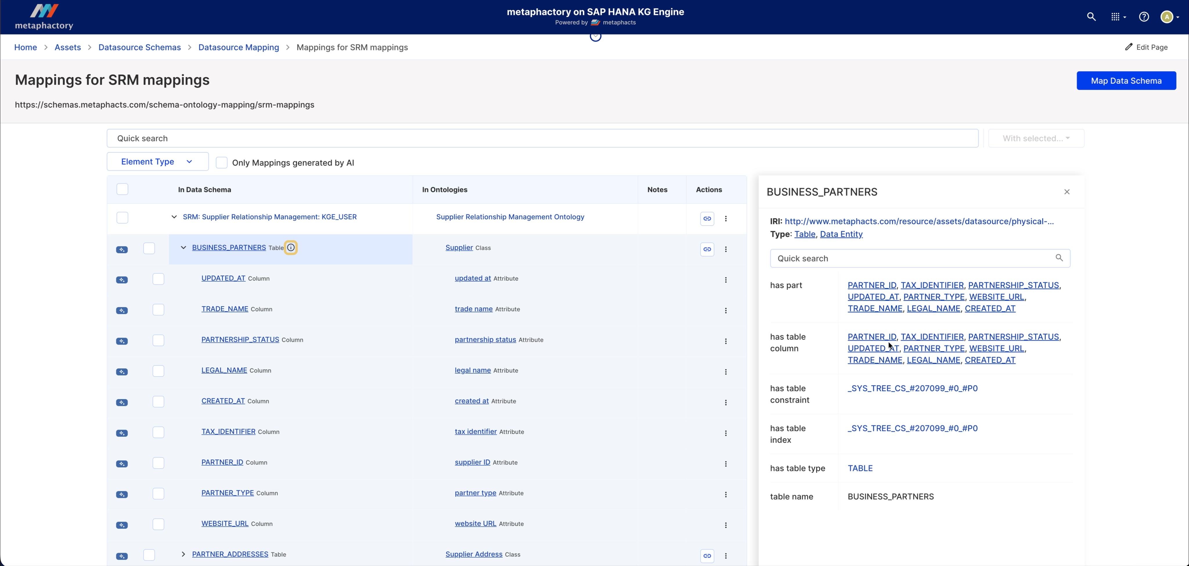 Image: Mappings for SRM mappings in metaphactory on SAP HANA KG Engine.