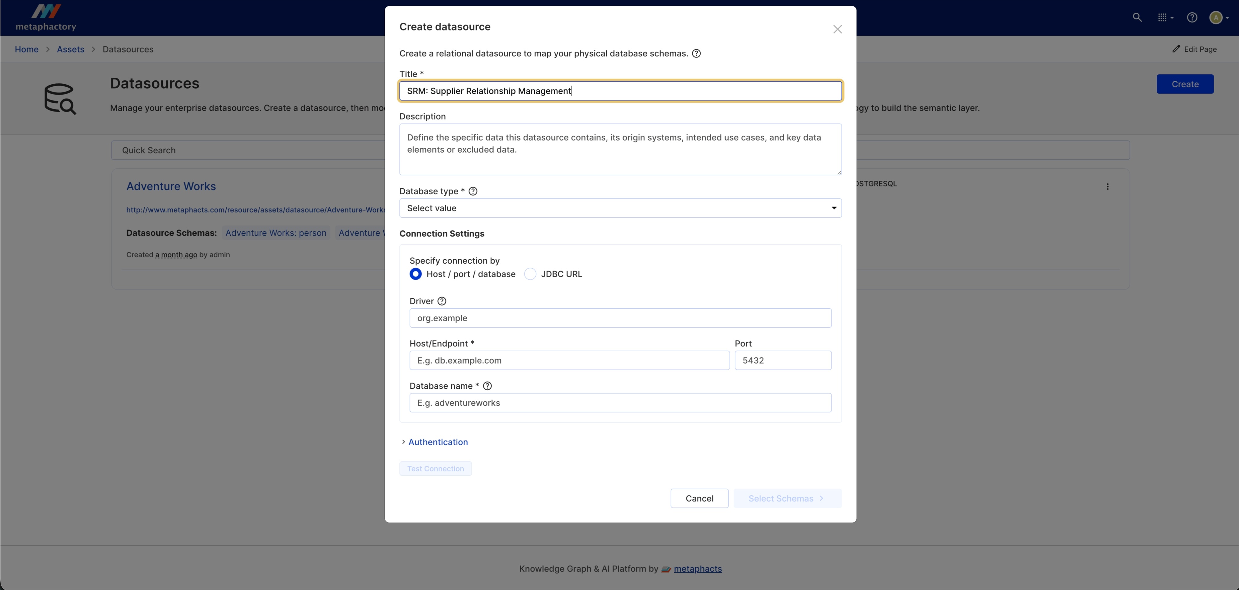 SAP HANA Cloud datasource creation and connectivity configuration in metaphactory.