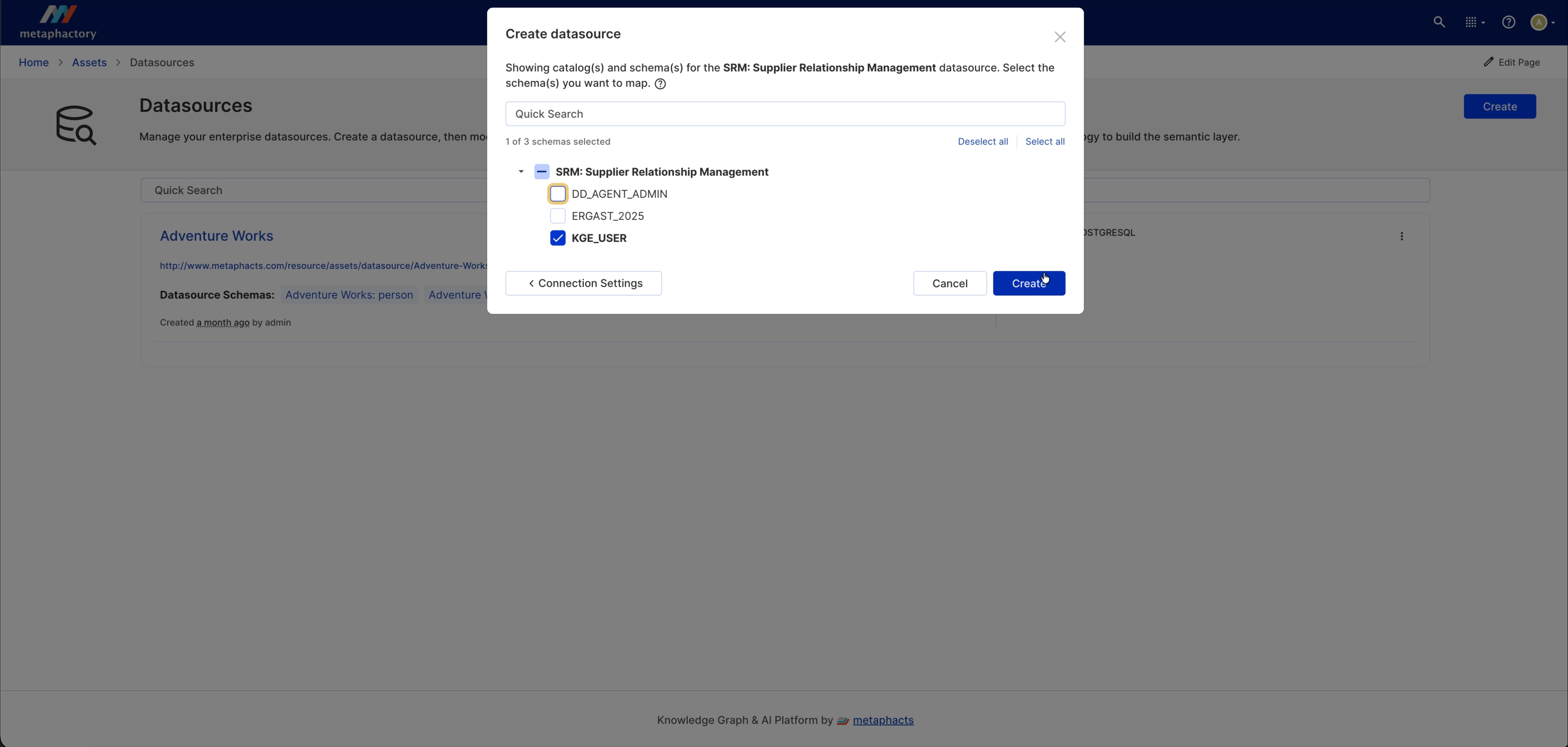 Selecting the schema for the SRM Supplier Relationship Management datasource.