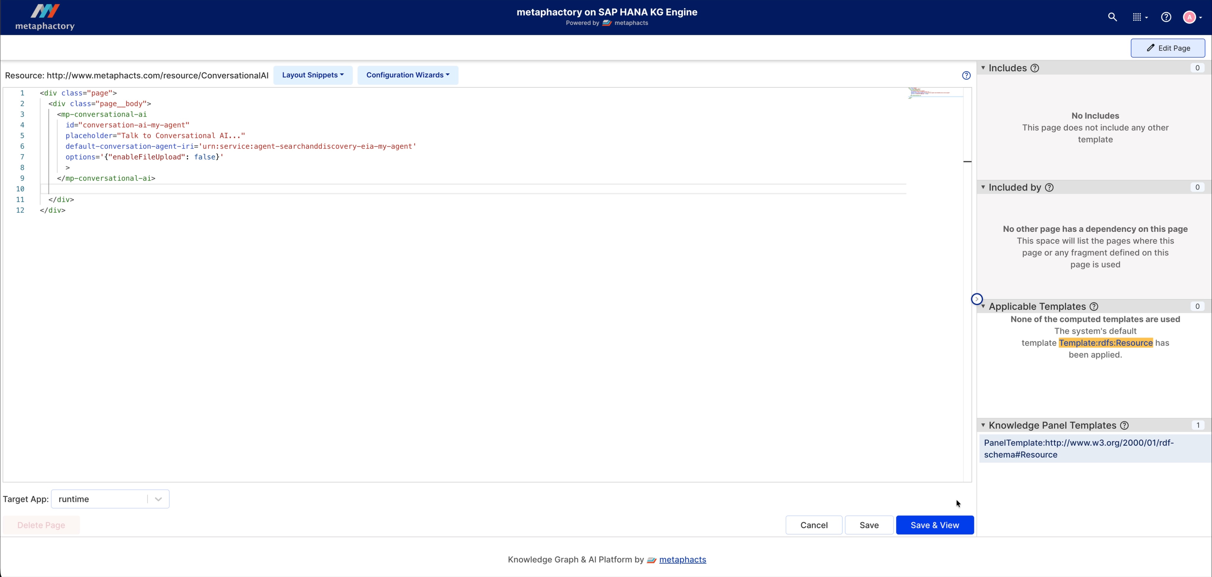 Image: Configuring conversational AI on the metaphactory on SAP HANA KG Engine.